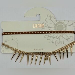 Carisma Gold Tone Spike + Tan Suede & Gold Stud Choker 2 Piece Necklace Set
